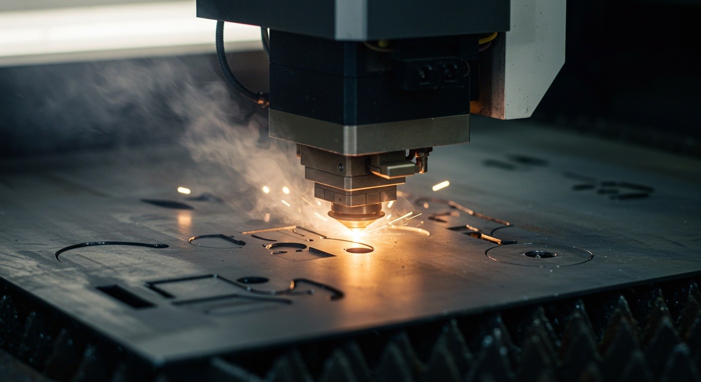 Лазерная обработка металлической детали на производстве